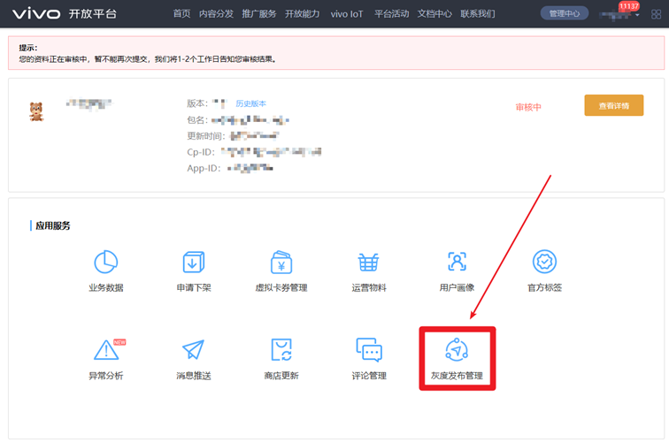vivo推广点击“灰度发布管理”创建灰度包，并提交审核